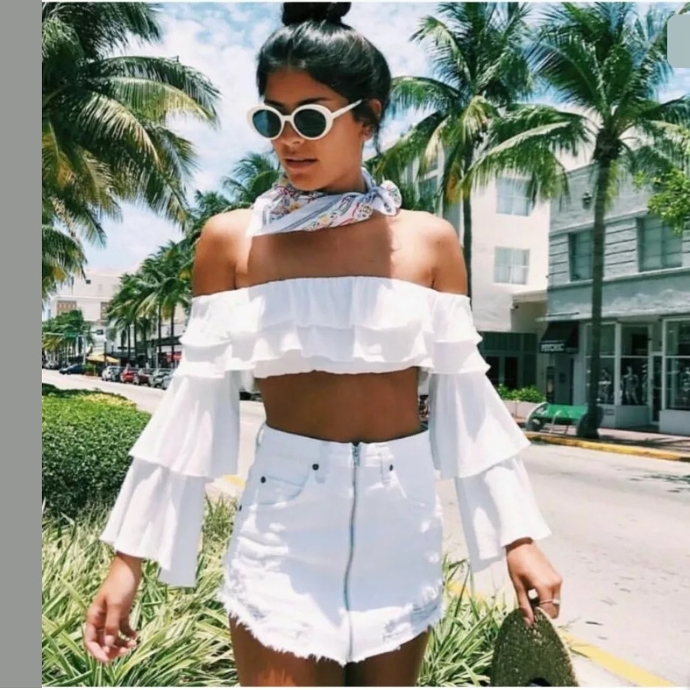 LF Dress Decode Ruffle Tiered Crop Top S White